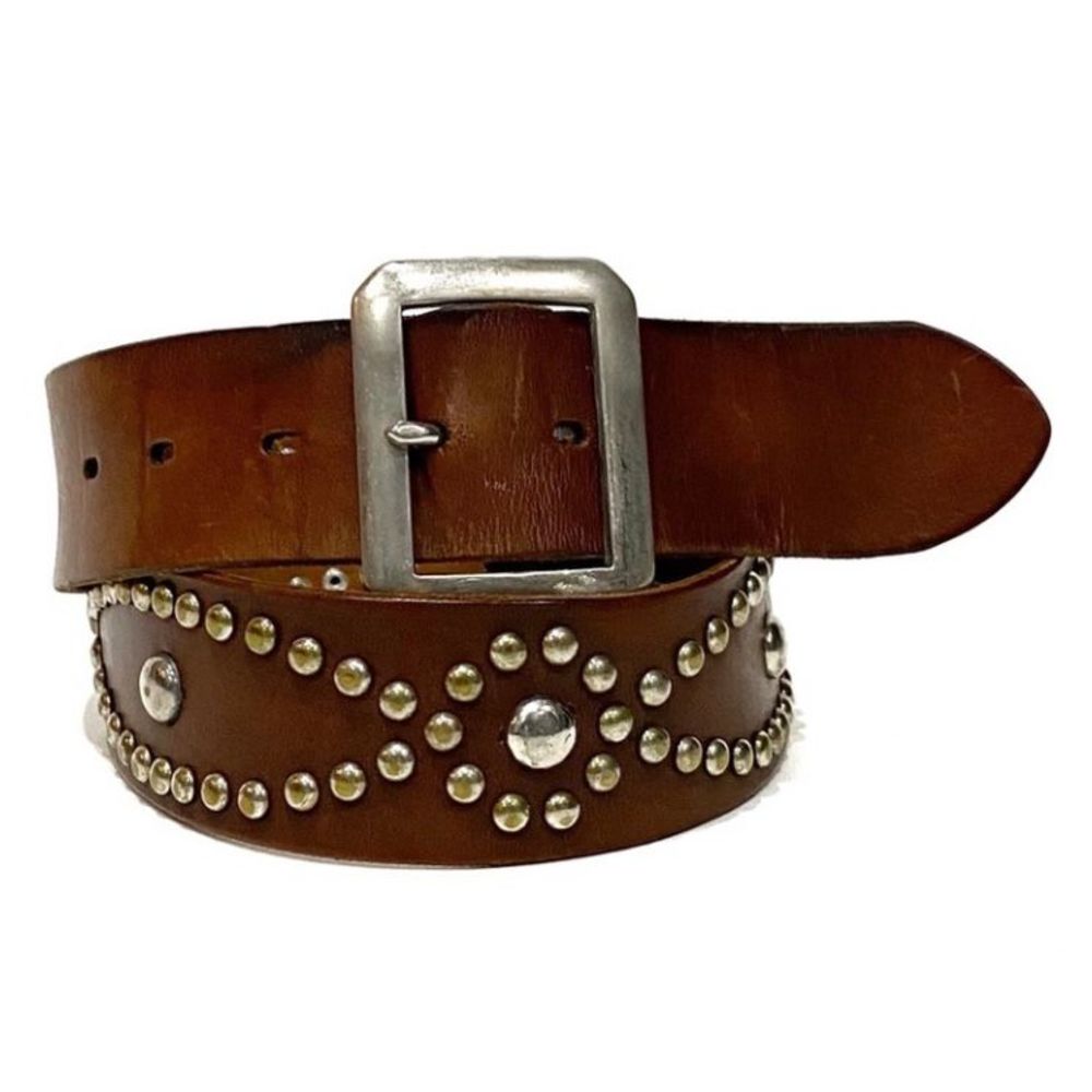 Brown Leather Wide Distressed Studded Boho Belt